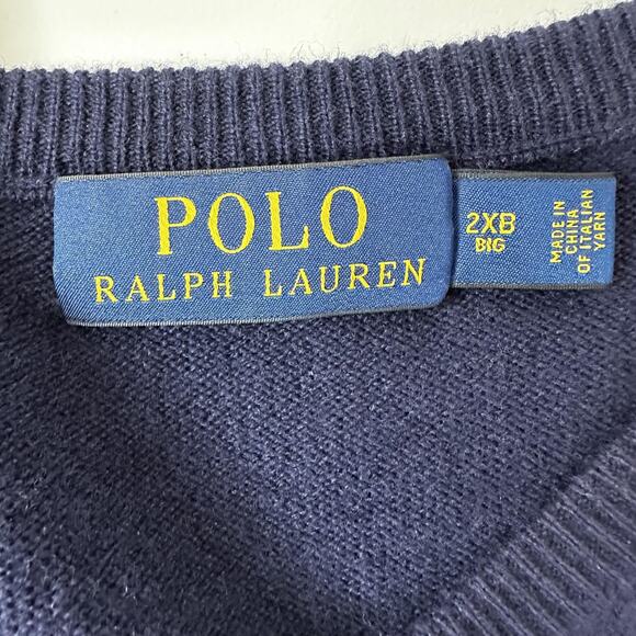 Polo Ralph Lauren Sweater Mens 2XL Big Navy Blue Merino Wool V Neck Pullover - Picture 4 of 8